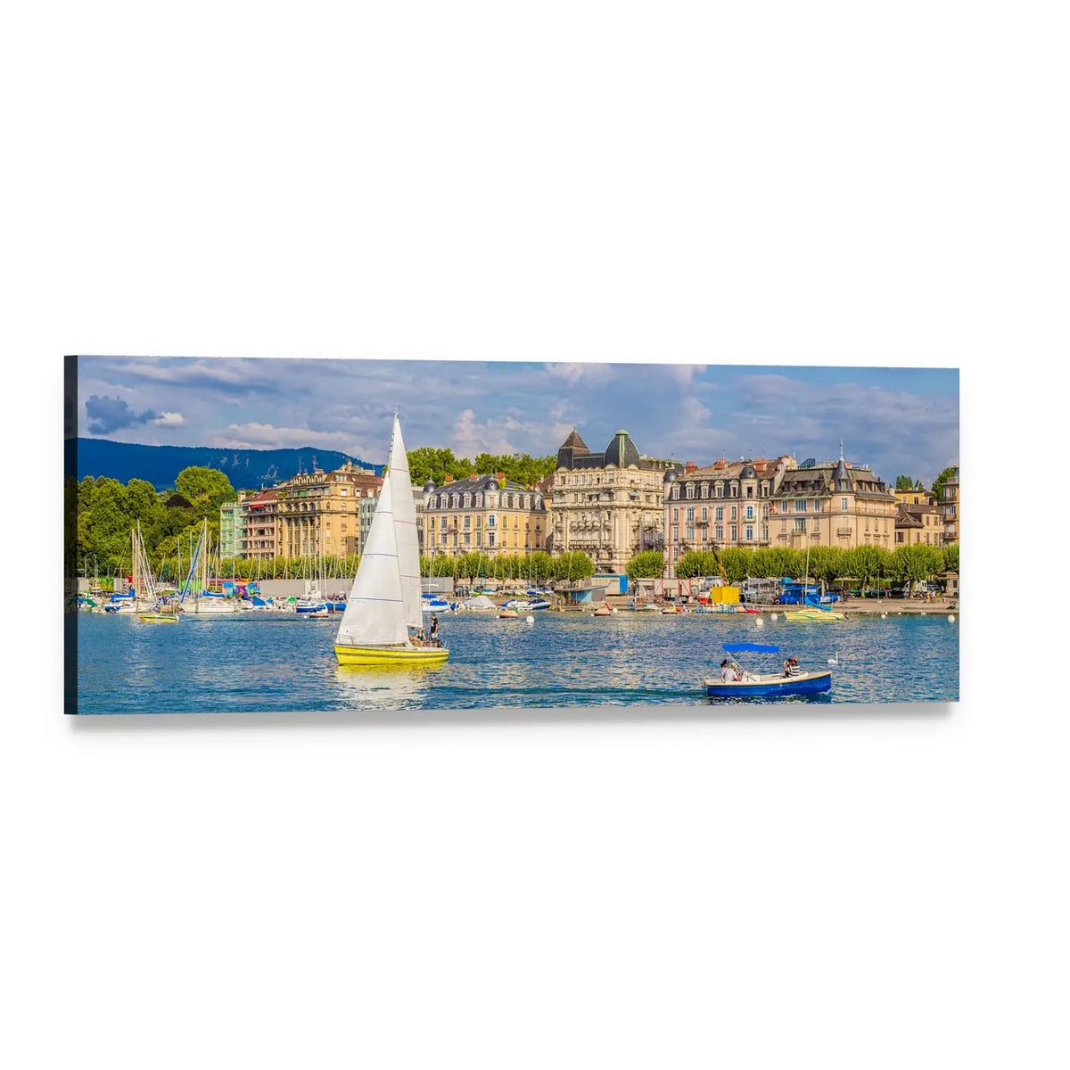 Lake Geneva Harbor Waterfront View Panoramic Canvas Wall Art, single panel gallery wrapped canvas, angled product view