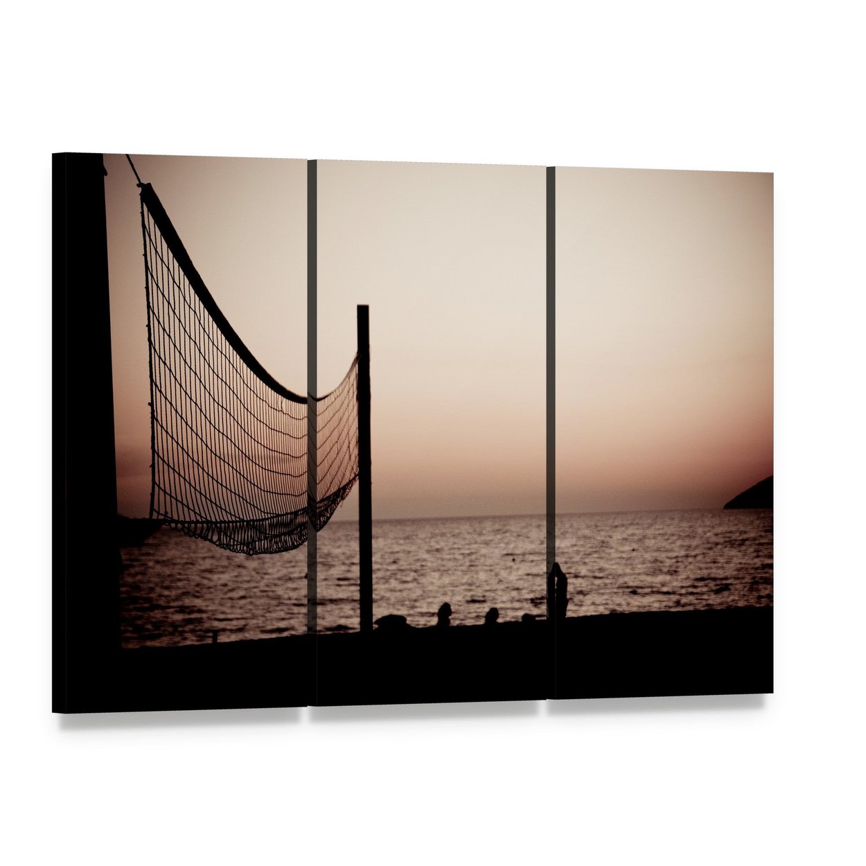 Volleyball Net on Croatian Beach Canvas Wall Art, 3 panel 3 Horizontal layout gallery wrapped canvas set, angled product view