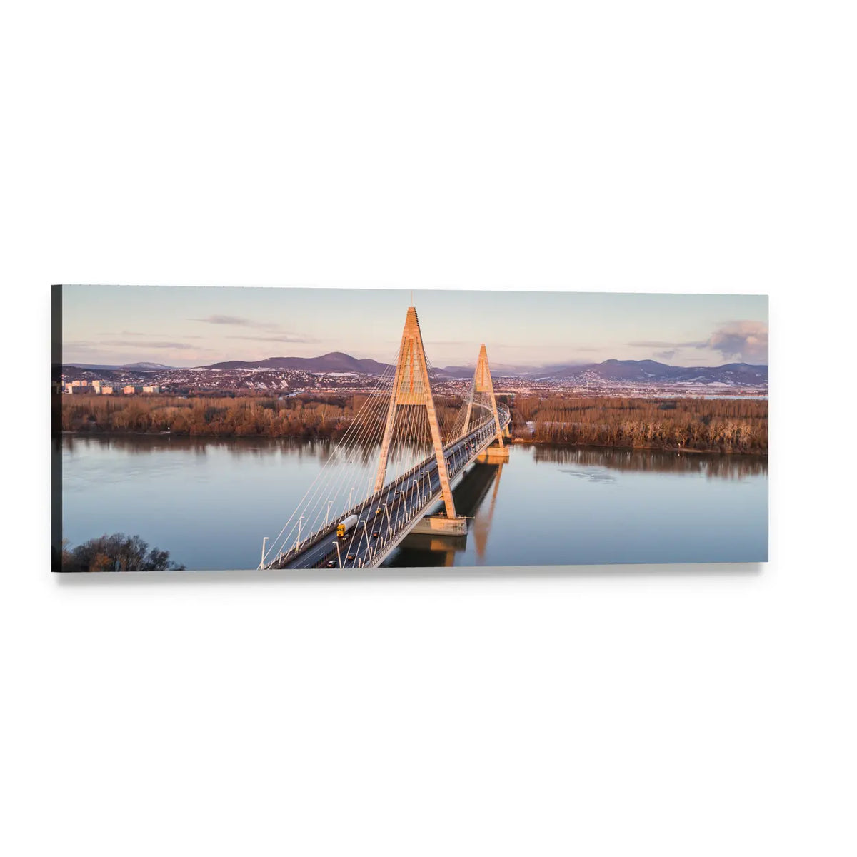 Megyeri Bridge at Golden Hour Panoramic Canvas Wall Art, single panel gallery wrapped canvas, angled product view