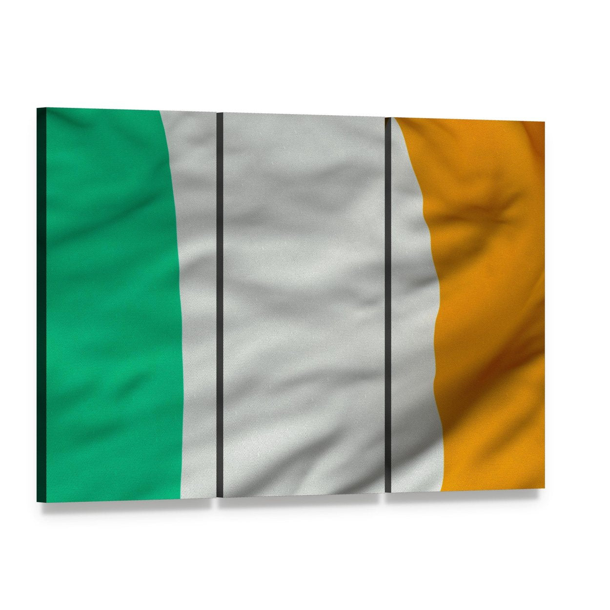 Waving Irish Flag Close-up Canvas Wall Art, 3 panel 3 Horizontal layout gallery wrapped canvas set, angled product view