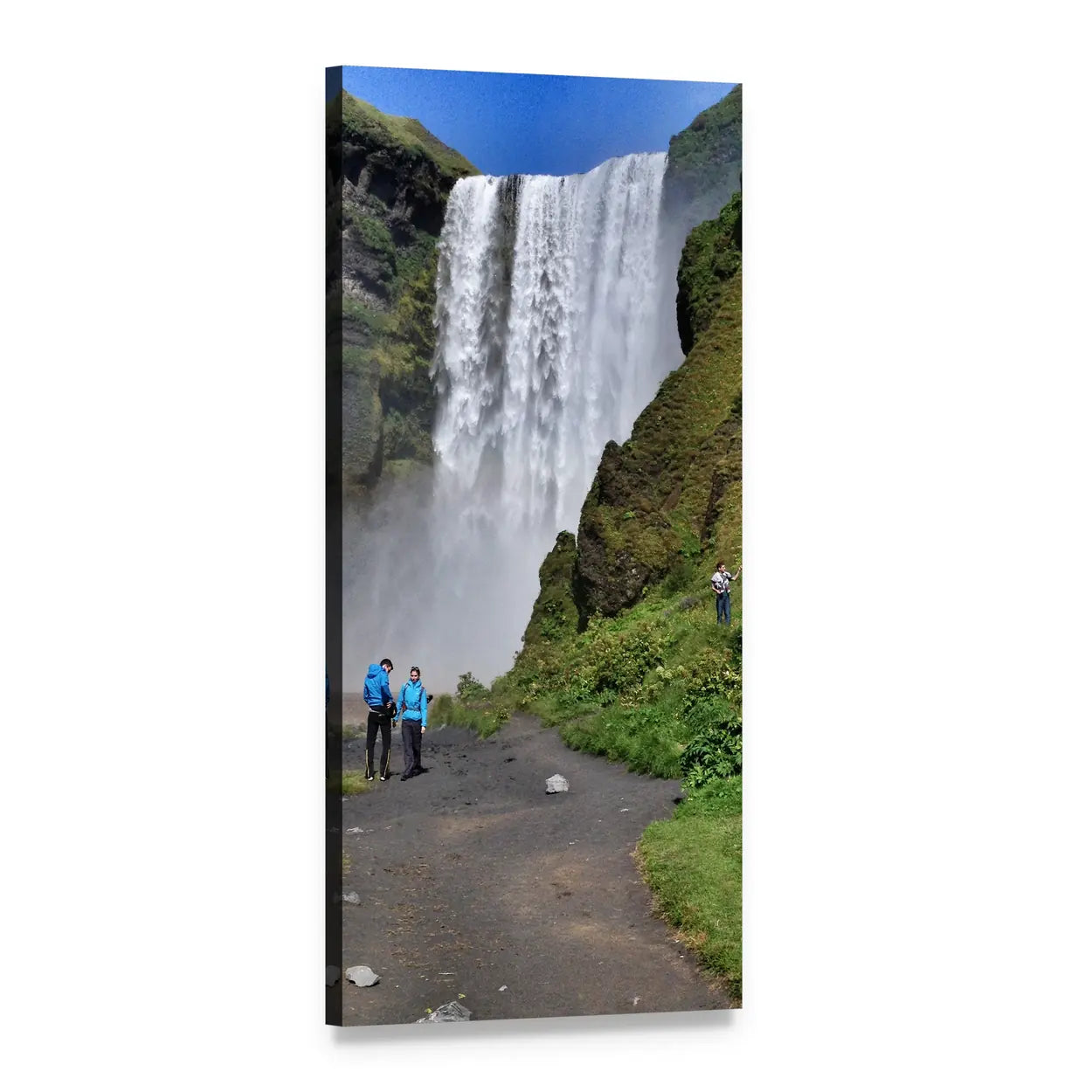 Tourists Near Waterfall in Iceland Vertical Canvas Wall Art, 1 panel 1 Vertical layout gallery wrapped canvas set, angled product view