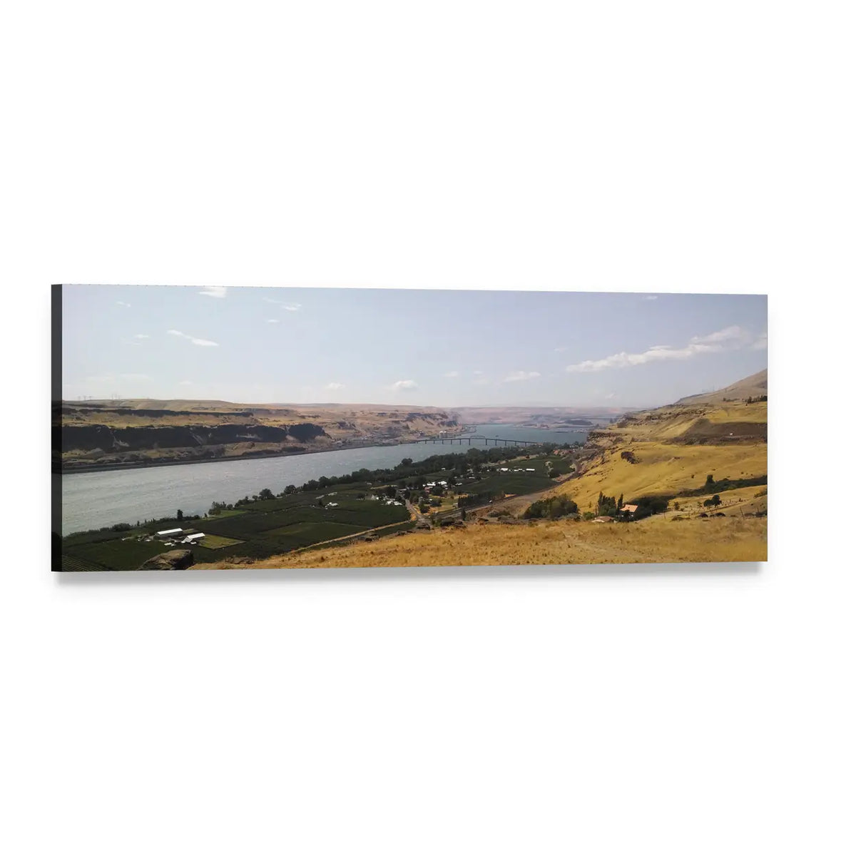 Columbia Gorge River View Panoramic Canvas Wall Art, single panel gallery wrapped canvas, angled product view