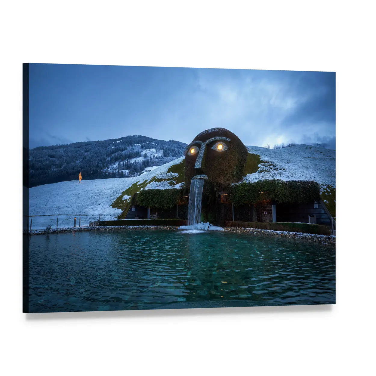 Swarovski Fountain with Snowy Alpine Backdrop Canvas Wall Art, single panel gallery wrapped canvas, angled product view