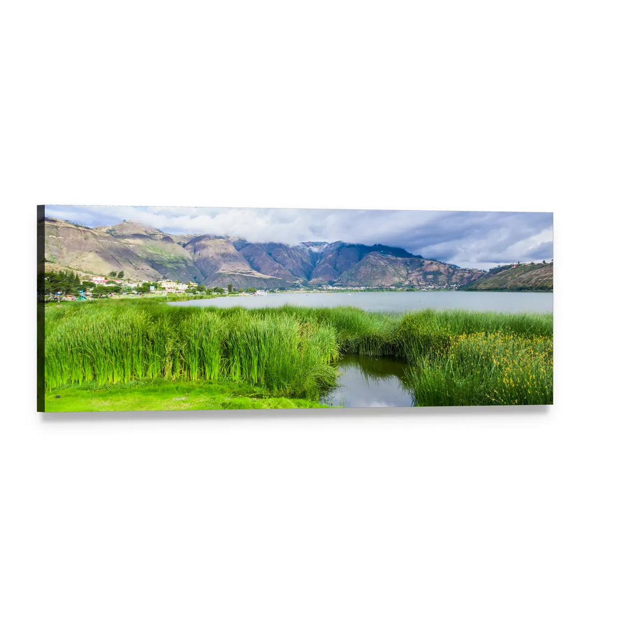 Yahuarcocha Lake Landscape Panoramic Canvas Wall Art, single panel gallery wrapped canvas, angled product view