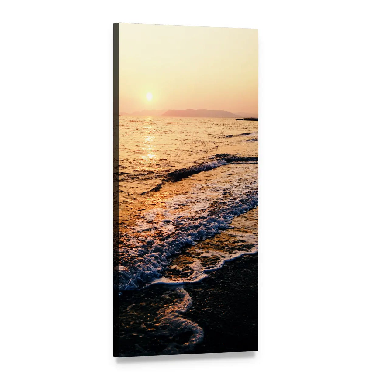 Ocean Beach Sunset Vertical Canvas Wall Art, 1 panel 1 Vertical layout gallery wrapped canvas set, angled product view