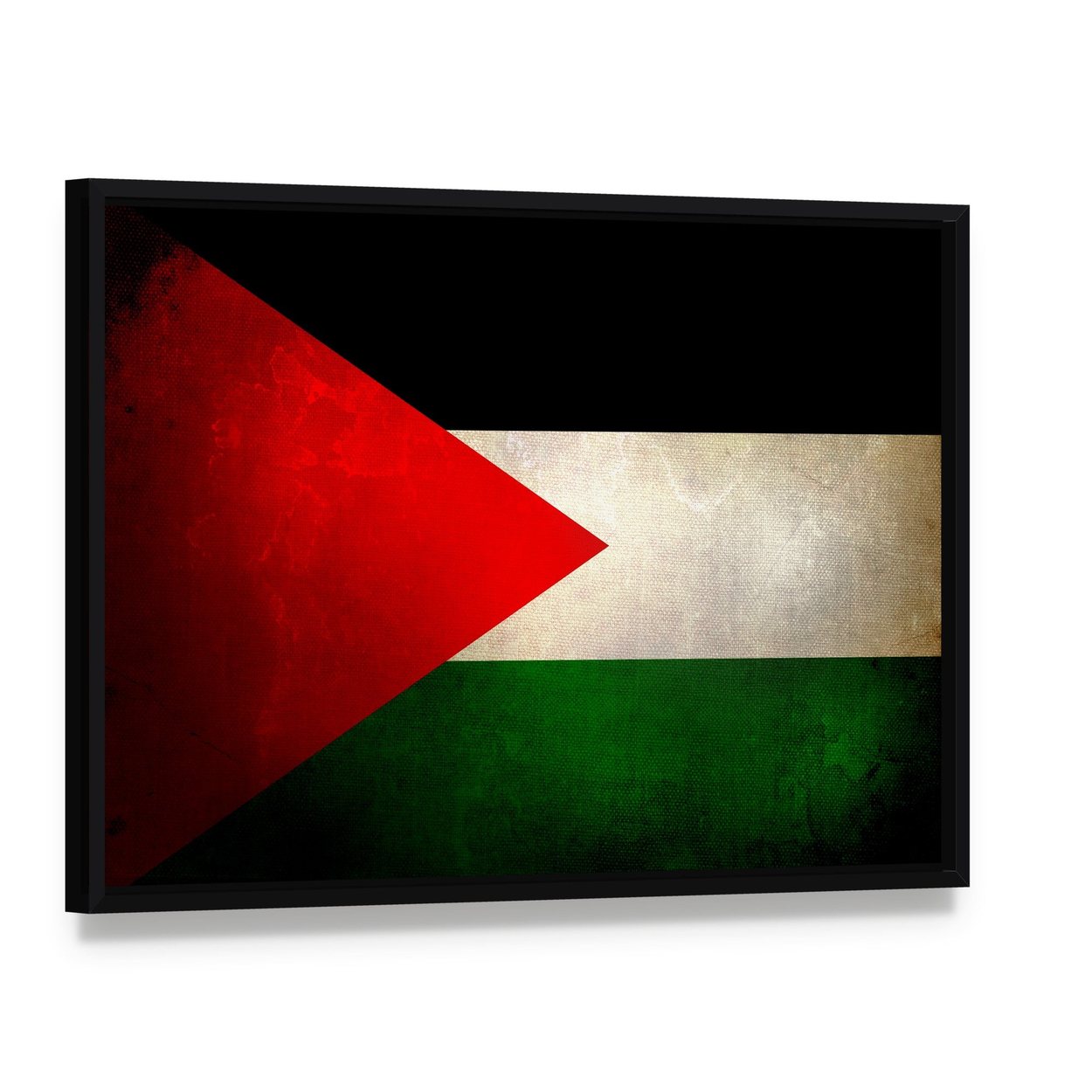 Grunge Palestine Flag Canvas Wall Art, framed canvas in a black floater frame, angled product view