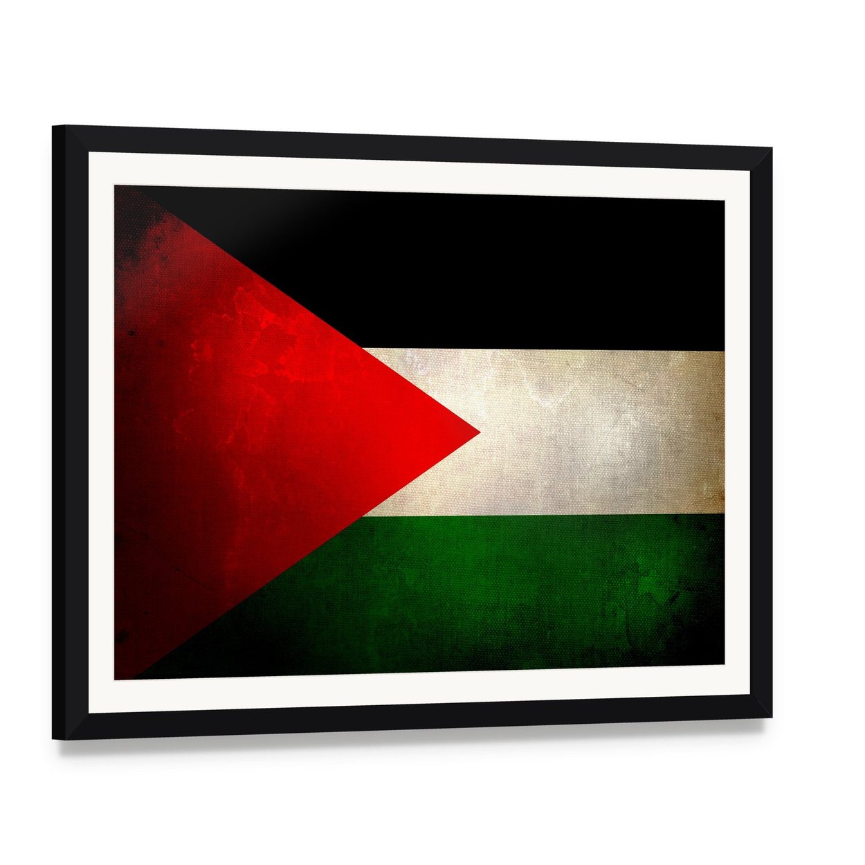 Grunge Palestine Flag Canvas Wall Art, framed print with white mat and black frame, angled product view