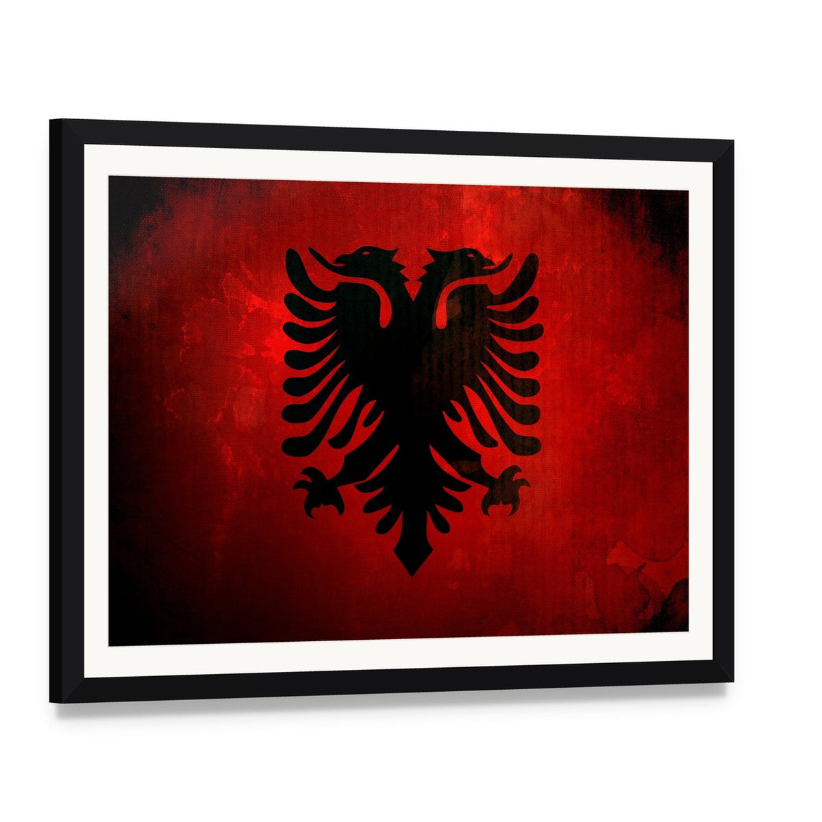 Distressed Albanian Flag with Double-headed Eagle Canvas Wall Art, framed print with white mat and black frame, angled product view