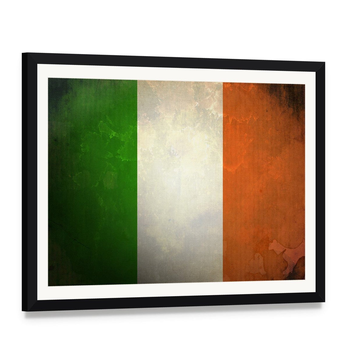 Grunge Irish Flag Canvas Wall Art, framed print with white mat and black frame, angled product view