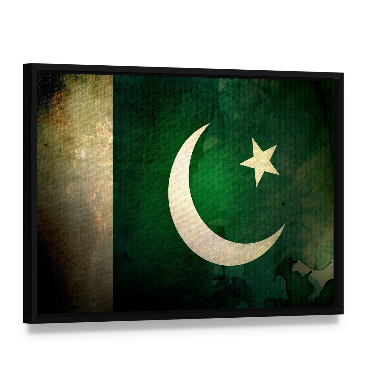 Pakistan Flag with Grunge Texture Canvas Wall Art, framed canvas in a black floater frame, angled product view