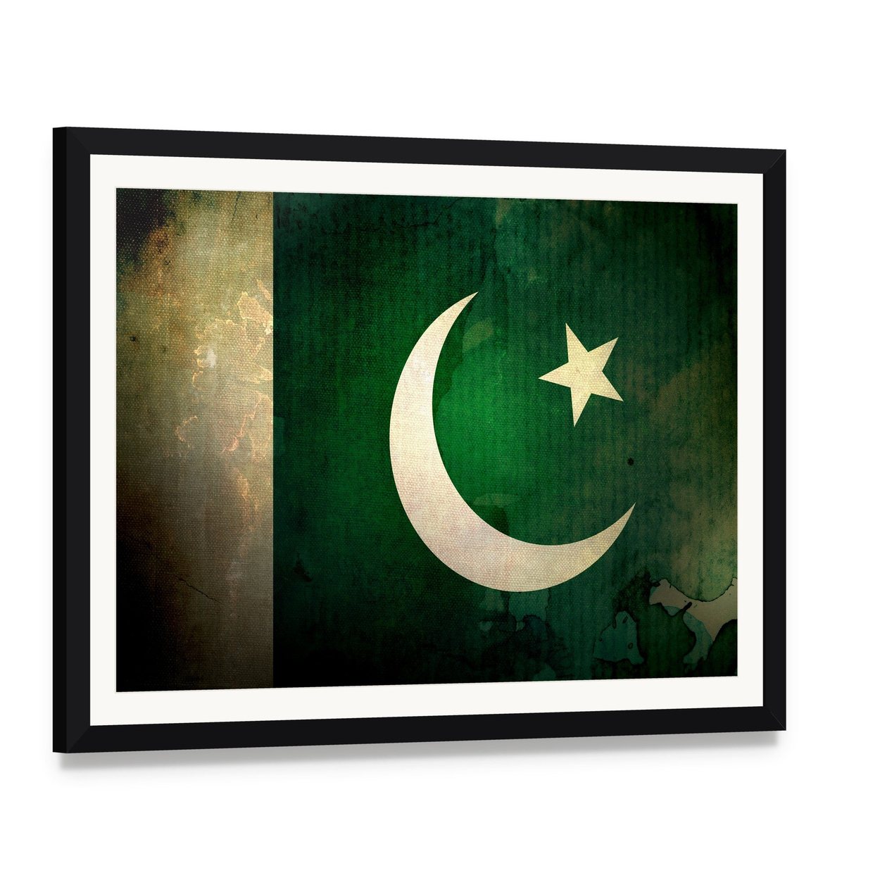 Pakistan Flag with Grunge Texture Canvas Wall Art, framed print with white mat and black frame, angled product view