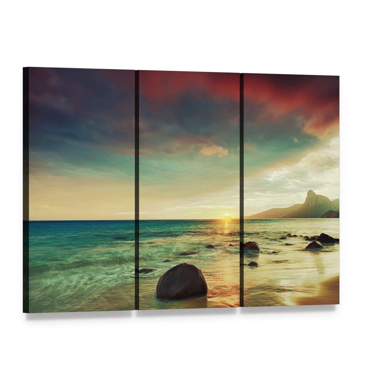 Sunrise Over the Sea Canvas Wall Art, 3 panel 3 Horizontal layout gallery wrapped canvas set, angled product view
