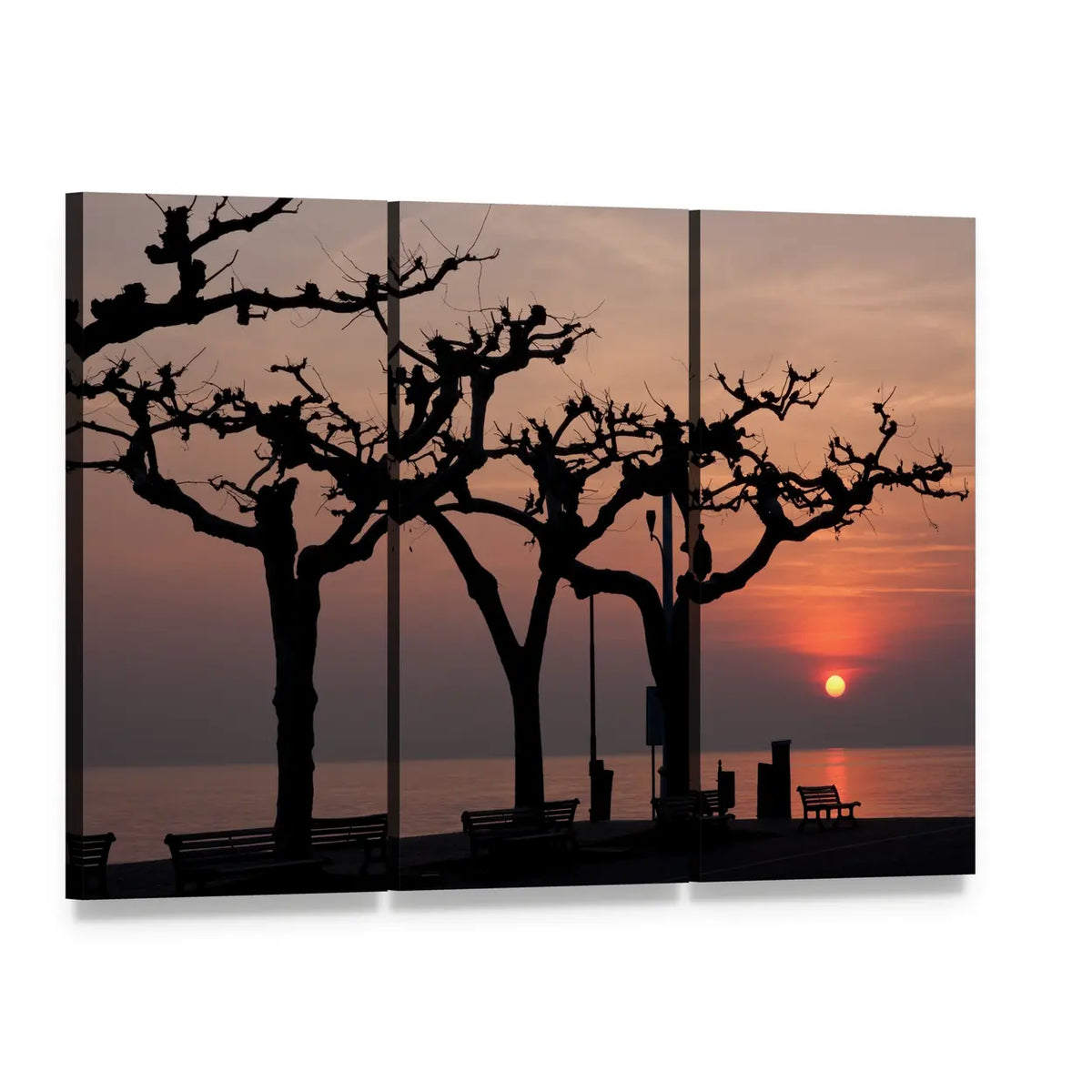 Sunset Over Lake with Empty Benches Canvas Wall Art, 3 panel 3 Horizontal layout gallery wrapped canvas set, angled product view