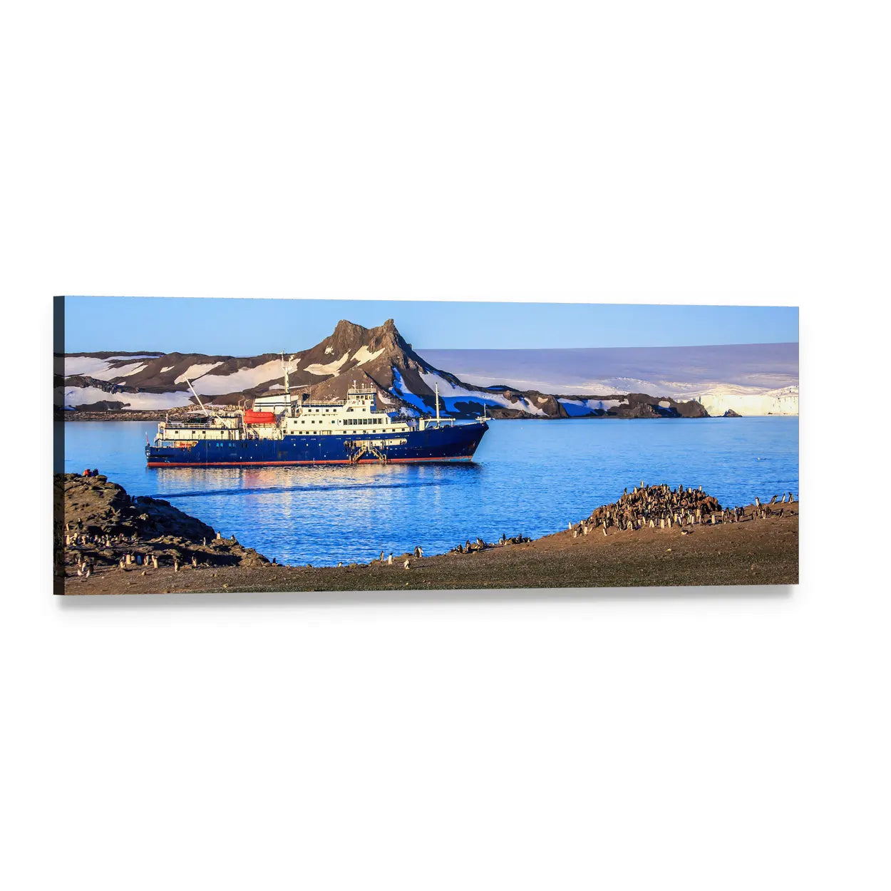 Blue Antarctic Cruise Ship Panoramic Canvas Wall Art, single panel gallery wrapped canvas, angled product view