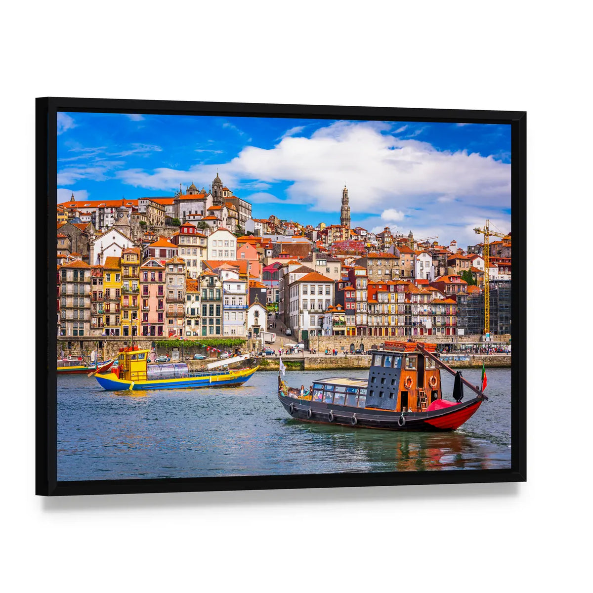 Porto Across the Douro River Canvas Wall Art, framed canvas in a black floater frame, angled product view