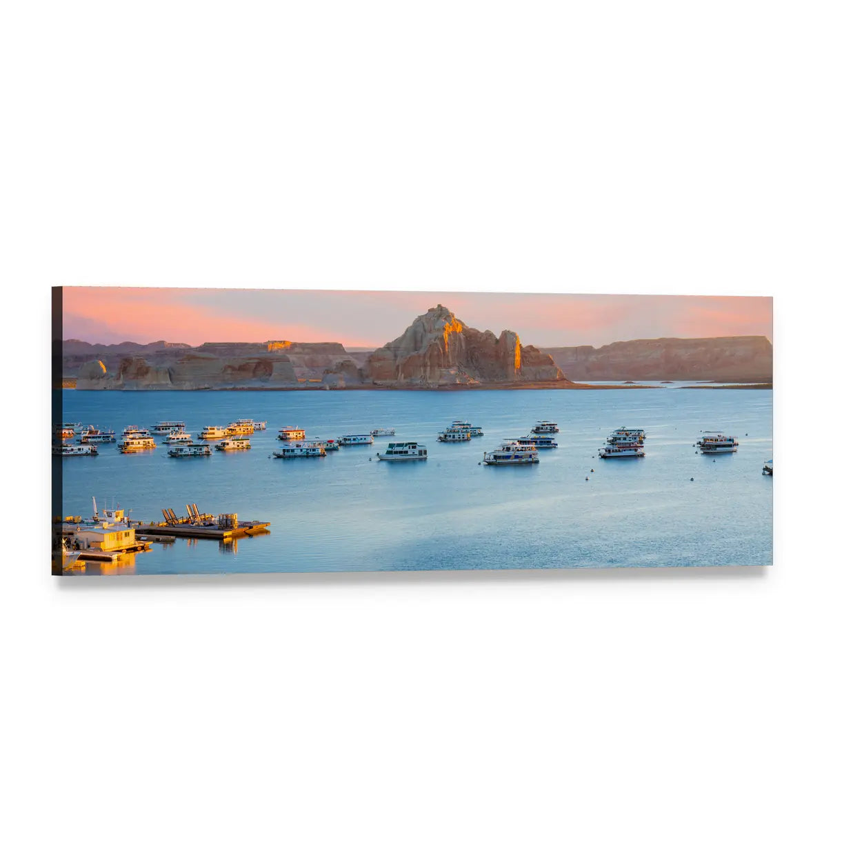 Sunrise Over Lake with Boats and Rock Formation Panoramic Canvas Wall Art, single panel gallery wrapped canvas, angled product view