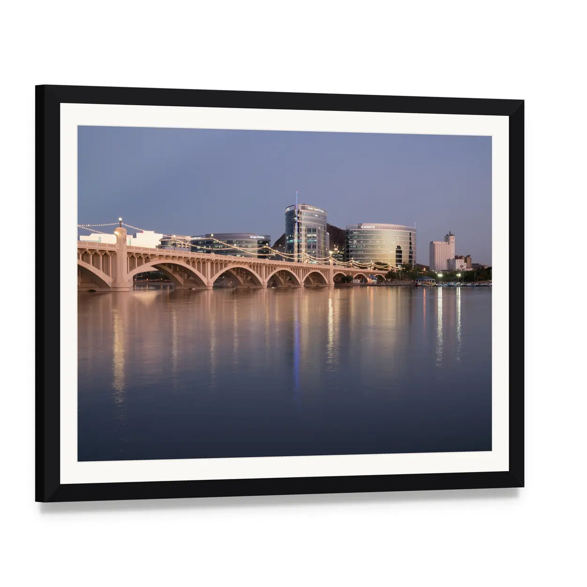 Salt River at Tempe Town Lake Canvas Wall Art, framed print with white mat and black frame, angled product view