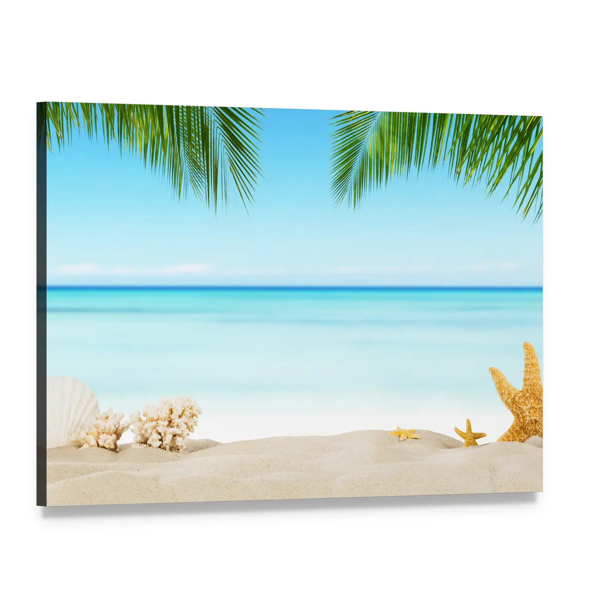Three Starfish on Tropical Sandy Beach Canvas Wall Art, single panel gallery wrapped canvas, angled product view