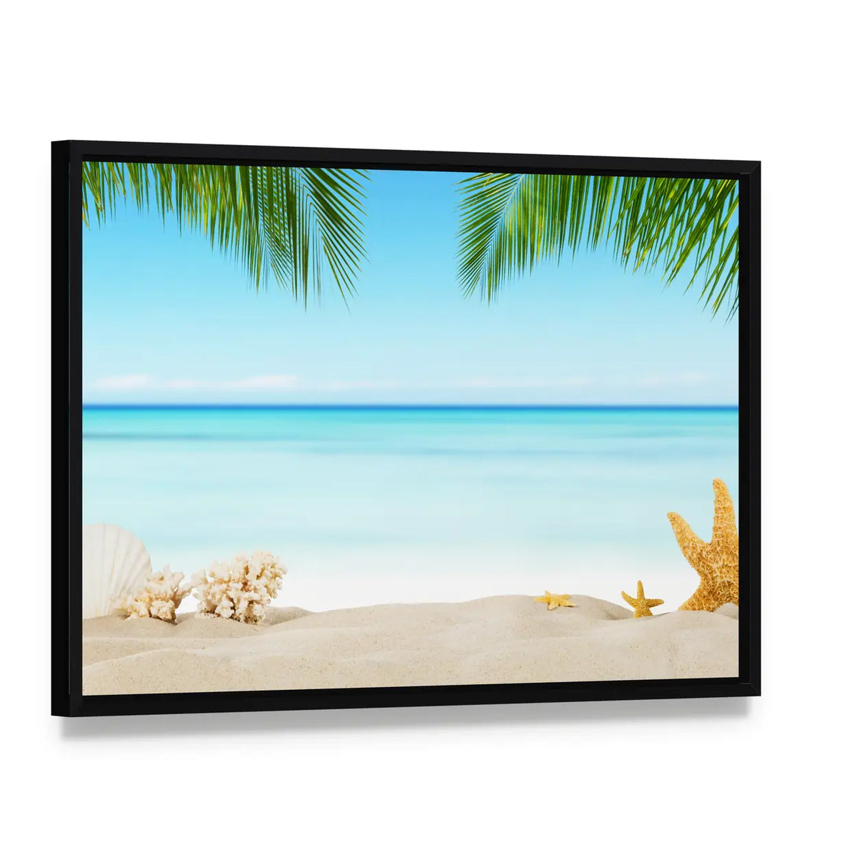 Three Starfish on Tropical Sandy Beach Canvas Wall Art, framed canvas in a black floater frame, angled product view