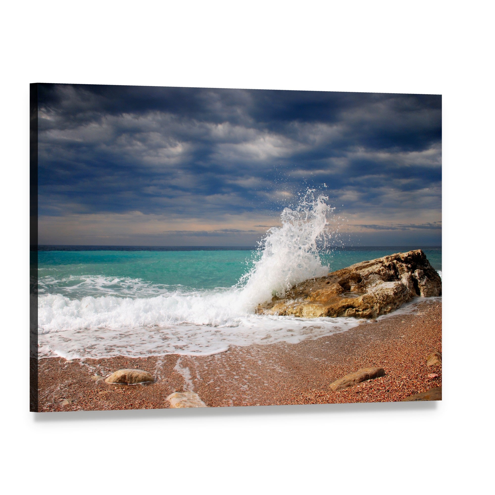 Wave Crash on the Stone Canvas Wall Art, single panel gallery wrapped canvas, angled product view