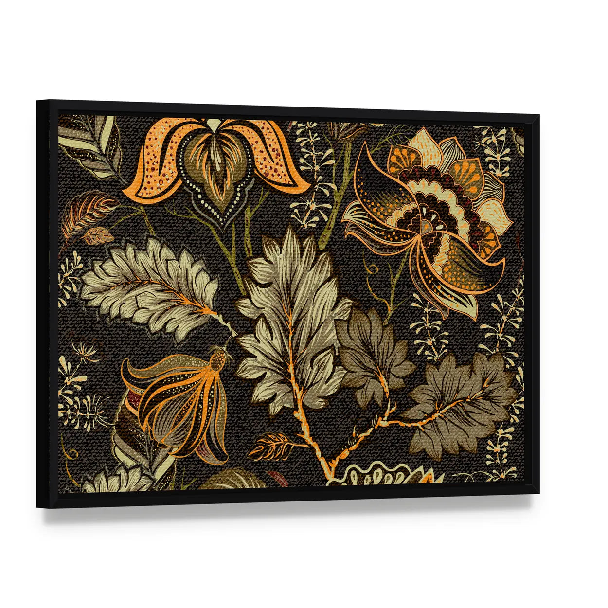 Vintage Ethnic Floral Texture Canvas Wall Art, framed canvas in a black floater frame, angled product view