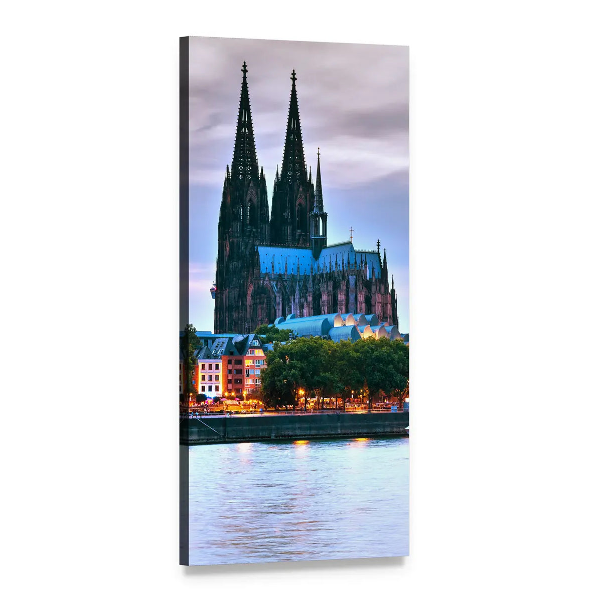 Cologne Cathedral Twin Spires at Dusk Vertical Canvas Wall Art, 1 panel 1 Vertical layout gallery wrapped canvas set, angled product view