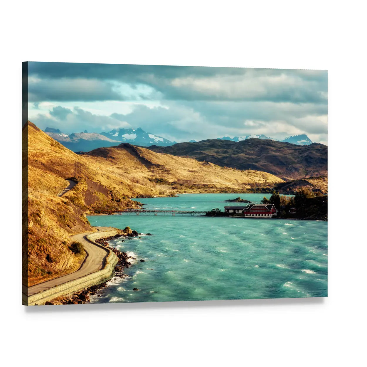 Torres Del Paine Lake and Mountains Canvas Wall Art, single panel gallery wrapped canvas, angled product view
