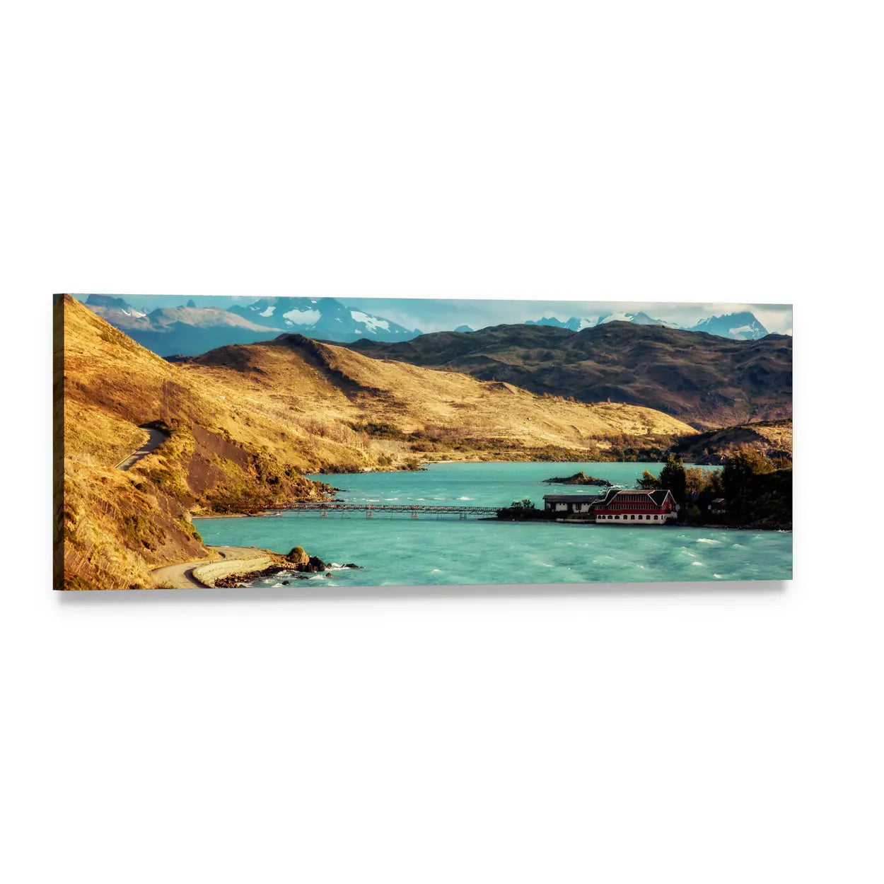 Torres Del Paine Turquoise Lake Landscape Panoramic Canvas Wall Art, single panel gallery wrapped canvas, angled product view