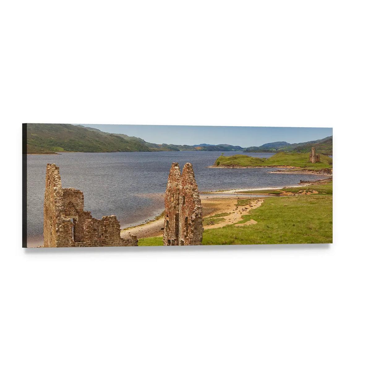 Ardvreck Castle Ruins by the Lake Panoramic Canvas Wall Art, single panel gallery wrapped canvas, angled product view