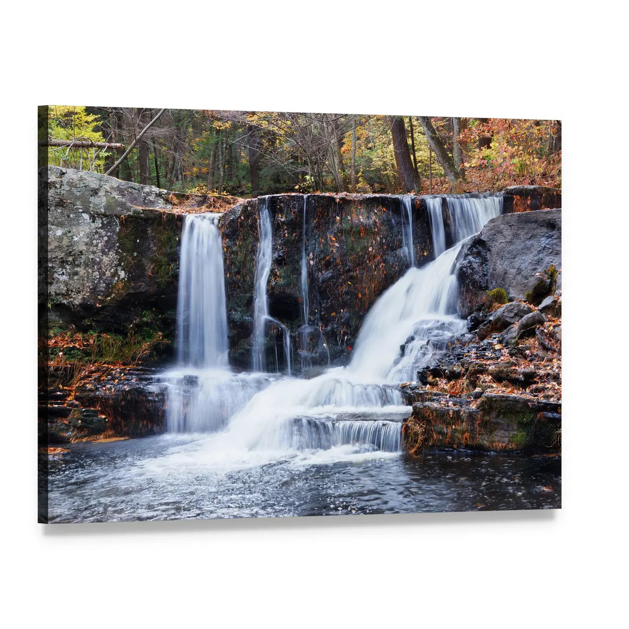Silky Autumn Waterfall with Trees and Rocks Canvas Wall Art, single panel gallery wrapped canvas, angled product view