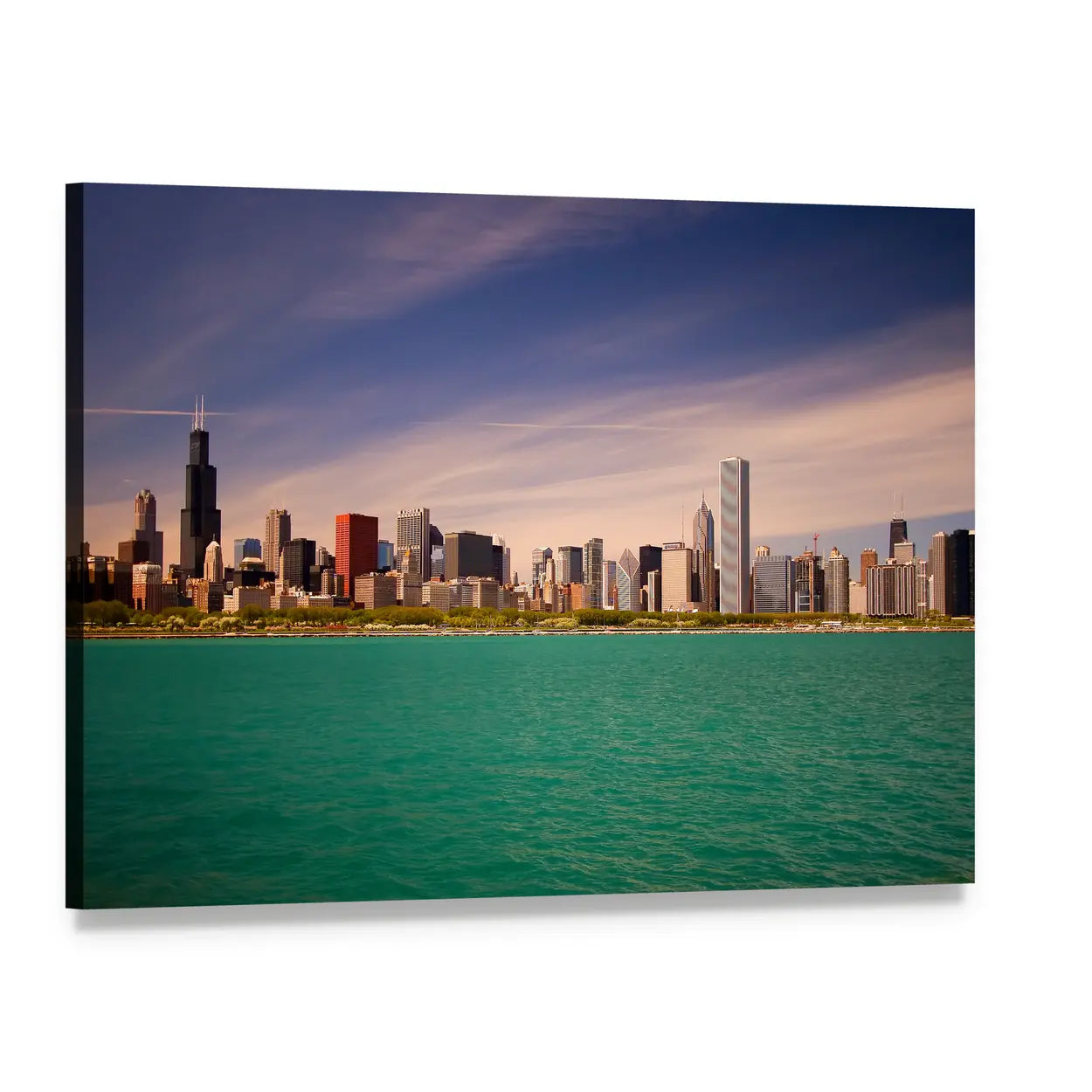 Chicago Skyline Over Lake Michigan Canvas Wall Art, single panel gallery wrapped canvas, angled product view