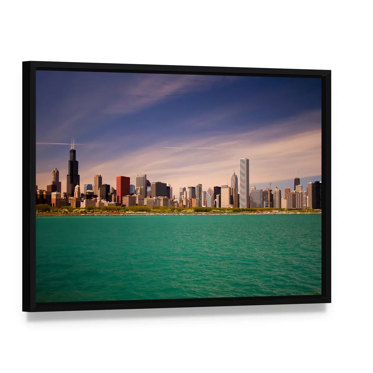 Chicago Skyline Over Lake Michigan Canvas Wall Art, framed canvas in a black floater frame, angled product view