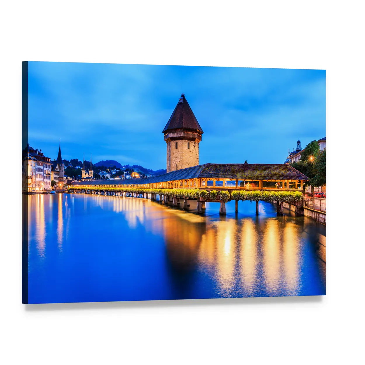 Chapel Bridge Lucerne Evening Canvas Wall Art, single panel gallery wrapped canvas, angled product view