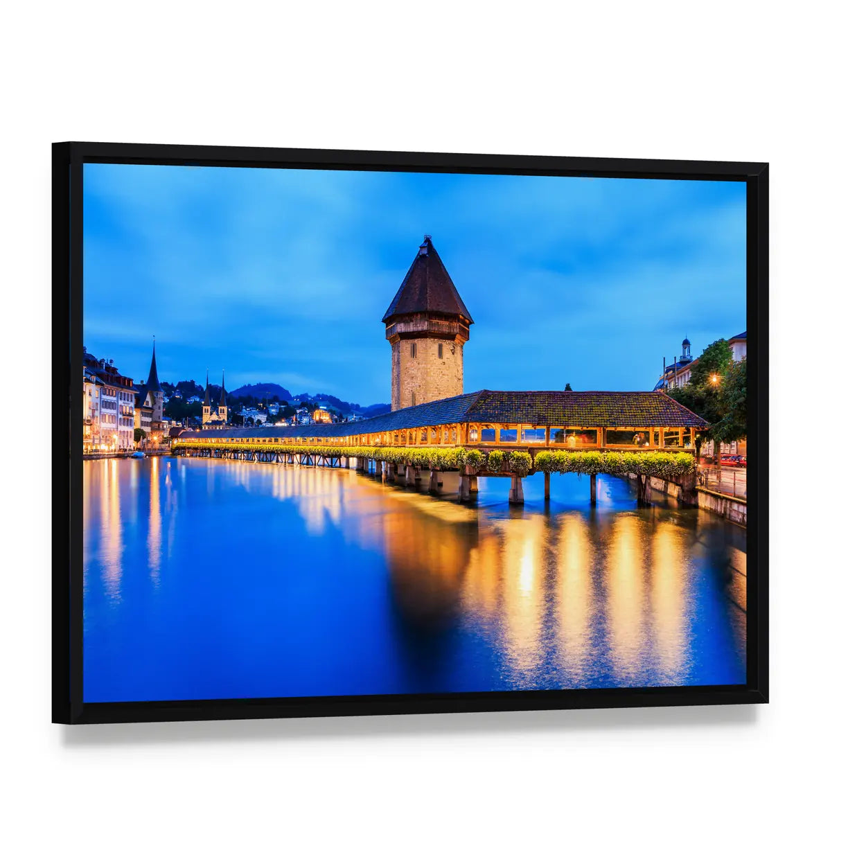 Chapel Bridge Lucerne Evening Canvas Wall Art, framed canvas in a black floater frame, angled product view