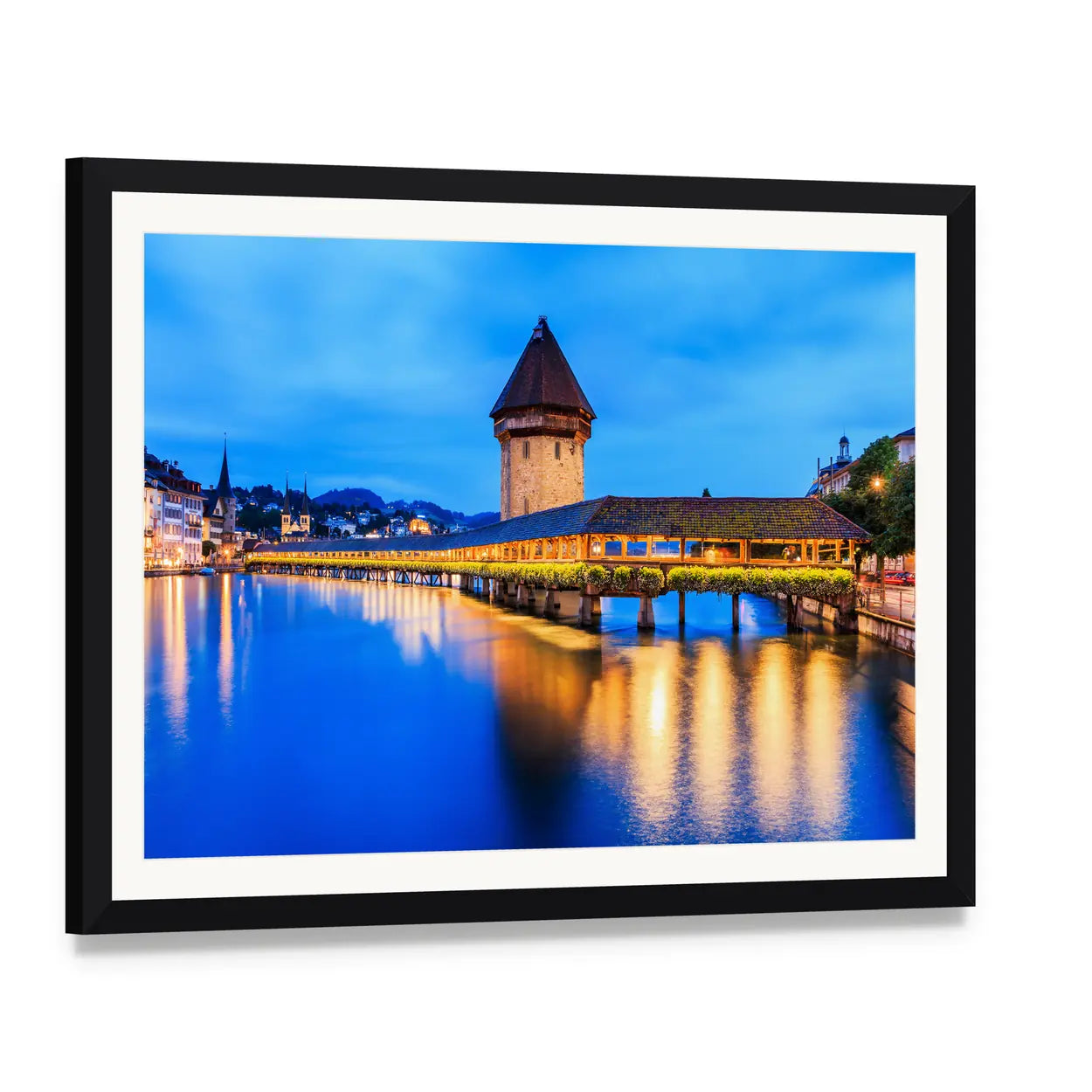 Chapel Bridge Lucerne Evening Canvas Wall Art, framed print with white mat and black frame, angled product view