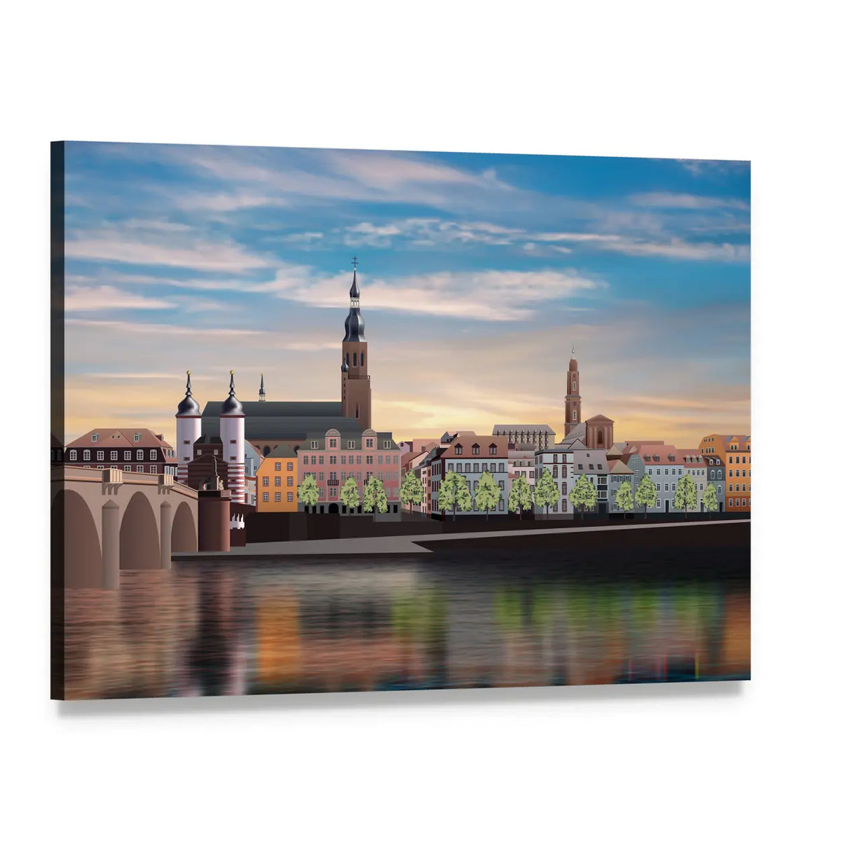 Riverfront Bridge and Cathedral at Sunset Canvas Wall Art, single panel gallery wrapped canvas, angled product view