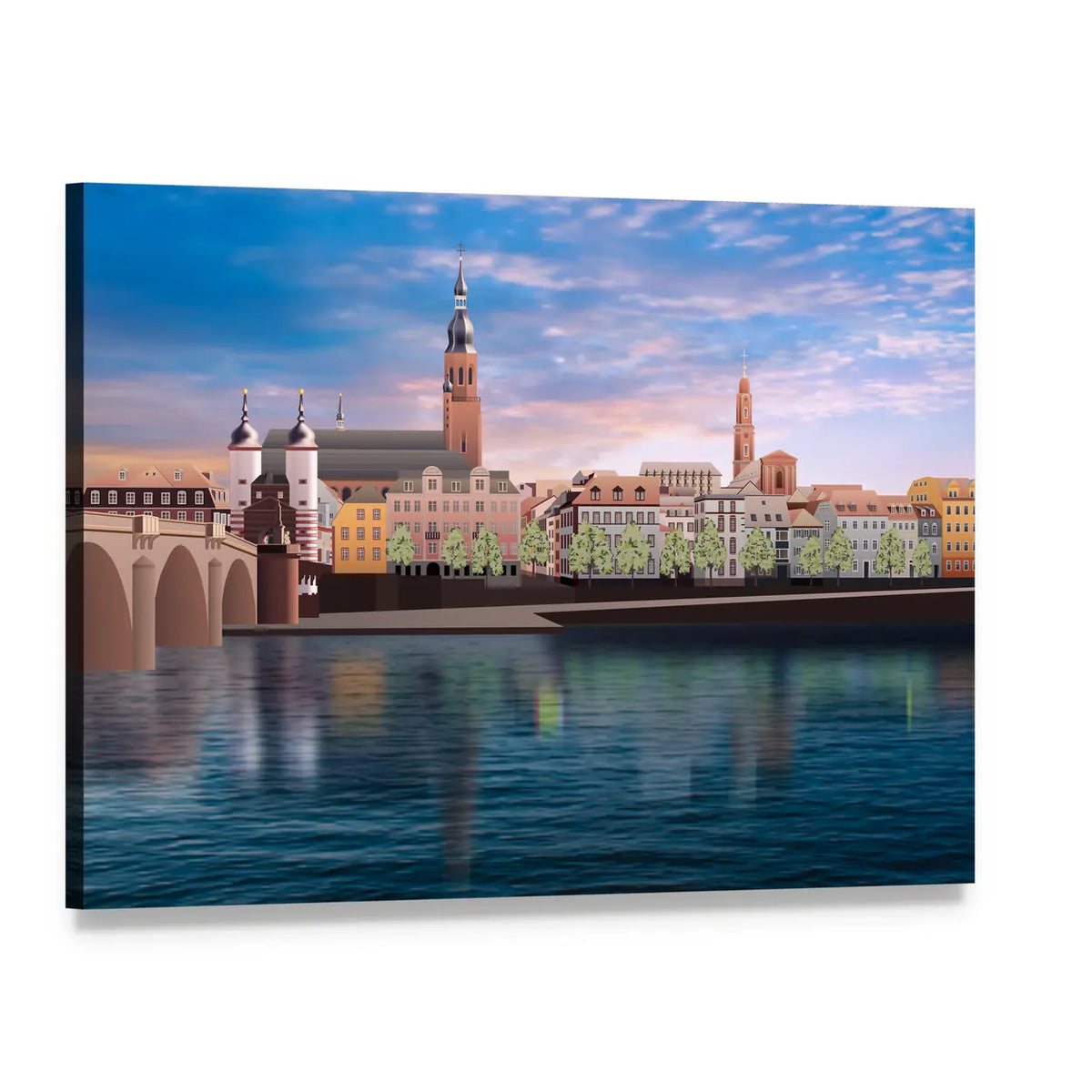 Heidelberg Riverfront Skyline at Sunset Canvas Wall Art, single panel gallery wrapped canvas, angled product view
