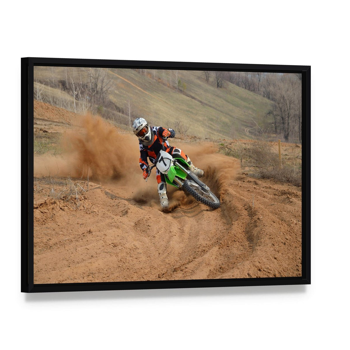 Motocross Rider Canvas Wall Art, framed canvas in a black floater frame, angled product view