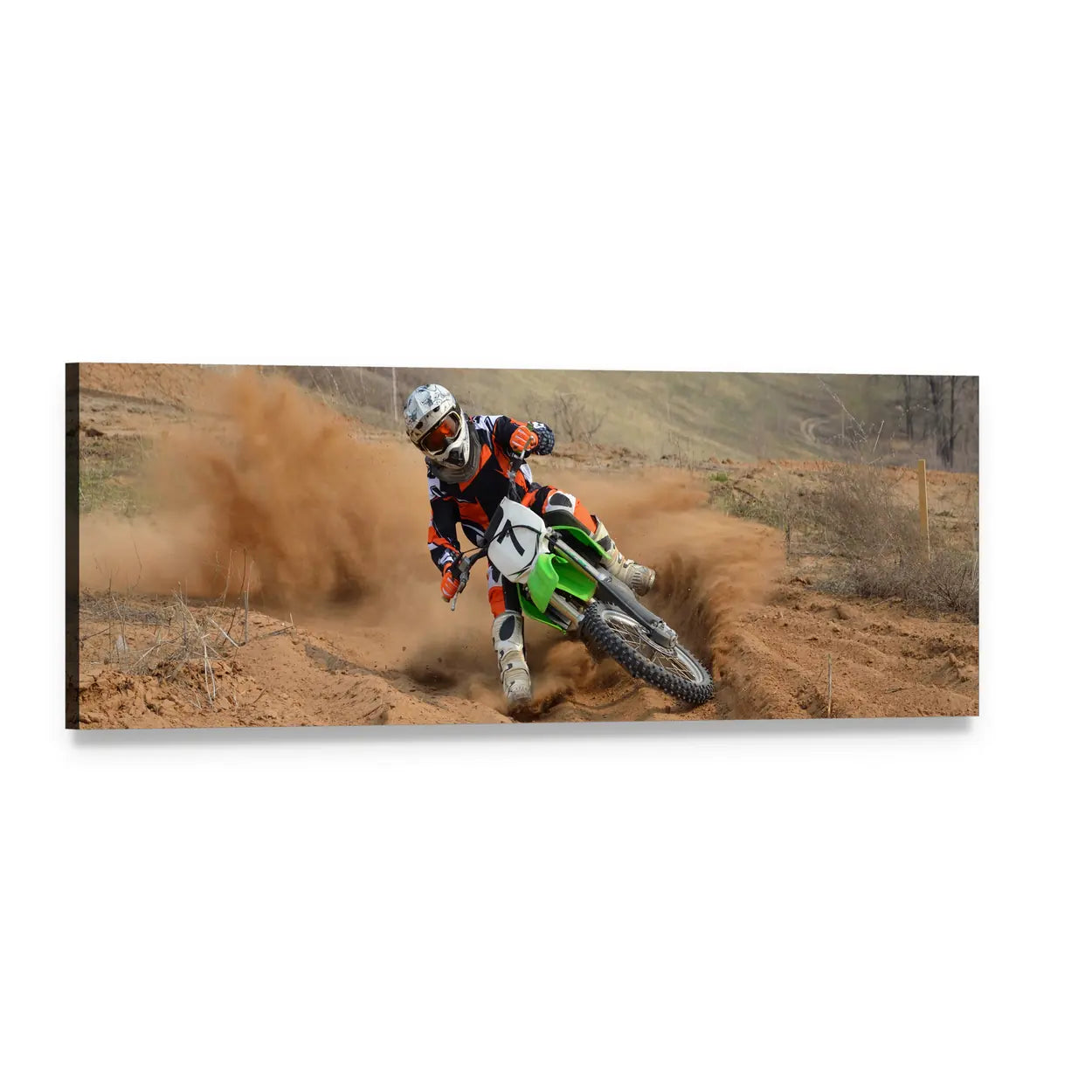 Motocross Rider on Green Dirt Bike Panoramic Canvas Wall Art, single panel gallery wrapped canvas, angled product view
