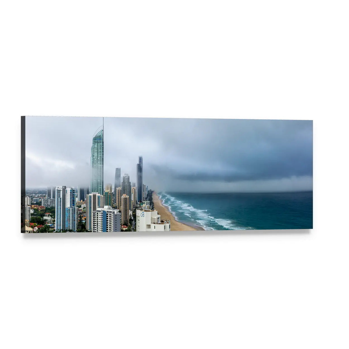 Coastal Cityscape with Beach and Skyscrapers Panoramic Canvas Wall Art, single panel gallery wrapped canvas, angled product view