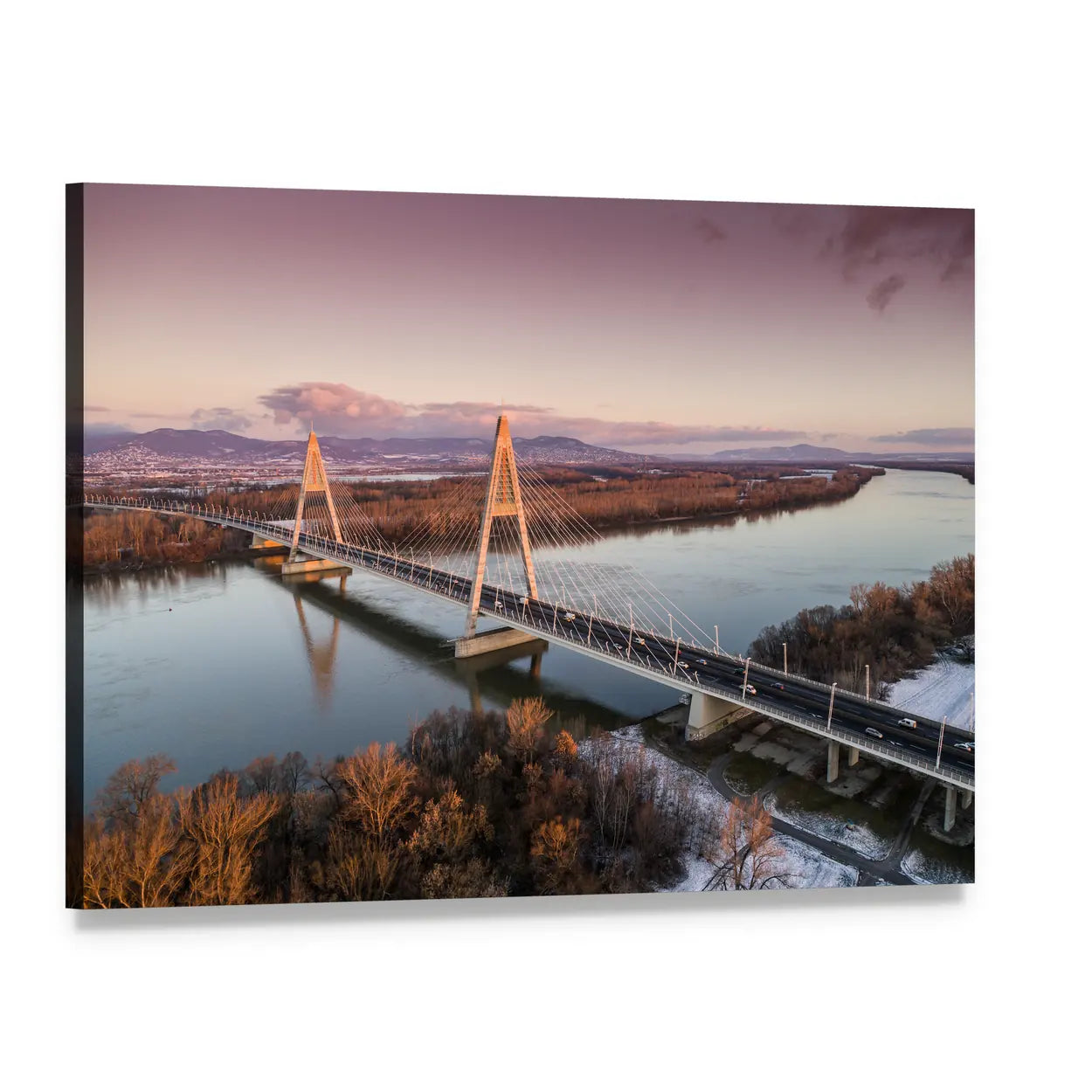 Megyeri Bridge at Sunset Over Danube River Canvas Wall Art, single panel gallery wrapped canvas, angled product view