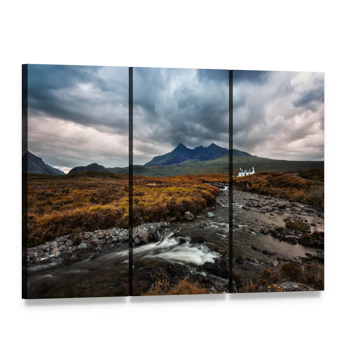 Sligachan Waterfall Landscape Canvas Wall Art, 3 panel 3 Horizontal layout gallery wrapped canvas set, angled product view