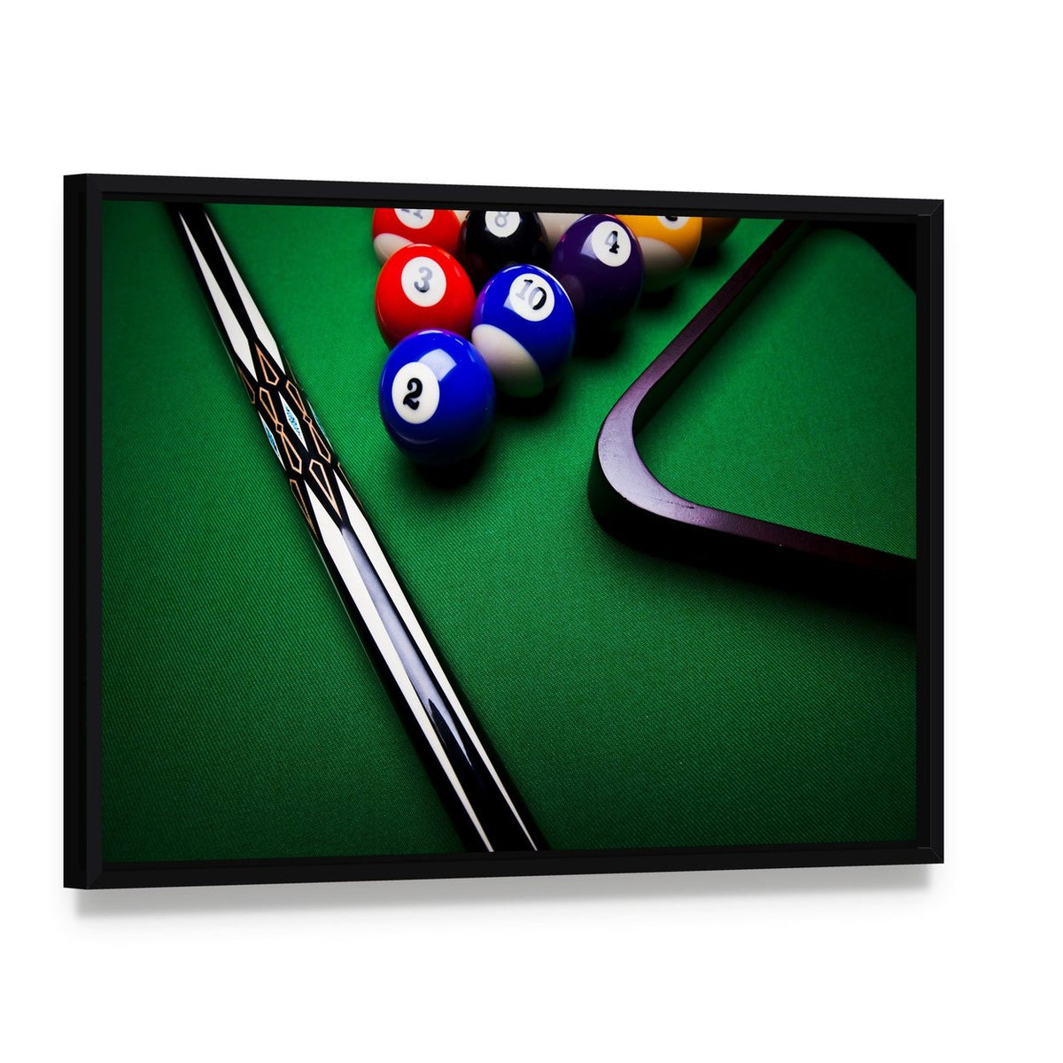 Billiard Balls Canvas Wall Art, framed canvas in a black floater frame, angled product view