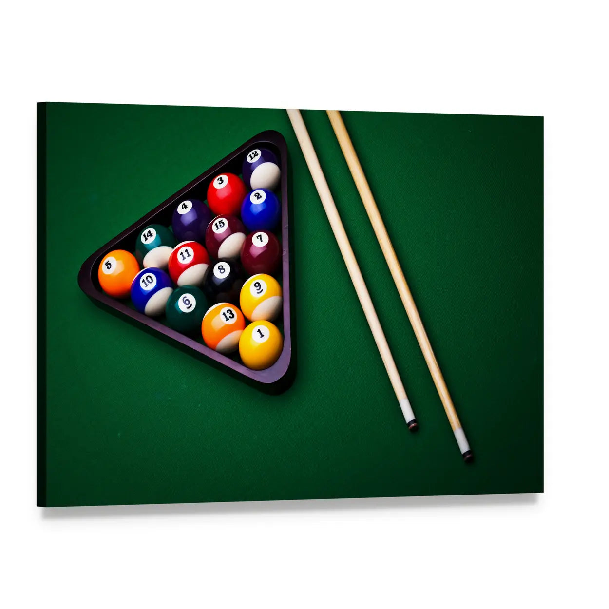 Snooker Balls in Black Rack with Cues Canvas Wall Art, single panel gallery wrapped canvas, angled product view