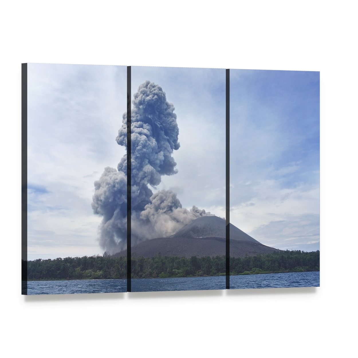 Volcano Eruption Anak Krakatau Indonesia Canvas Wall Art, 3 panel 3 Horizontal layout gallery wrapped canvas set, angled product view