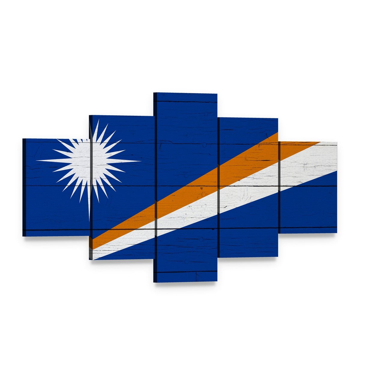 Marshall Islands Flag on Wooden Planks Canvas Wall Art, 5 panel 5 Star layout gallery wrapped canvas set, angled product view