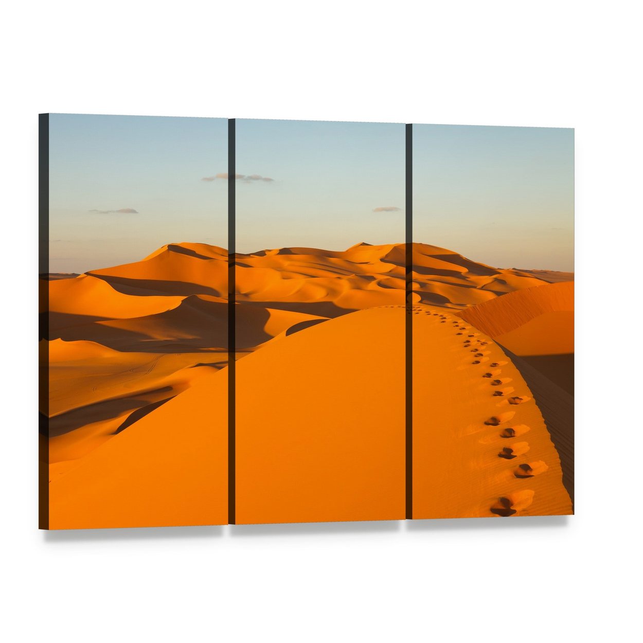 Footprints in Sand Dunes Canvas Wall Art, 3 panel 3 Horizontal layout gallery wrapped canvas set, angled product view