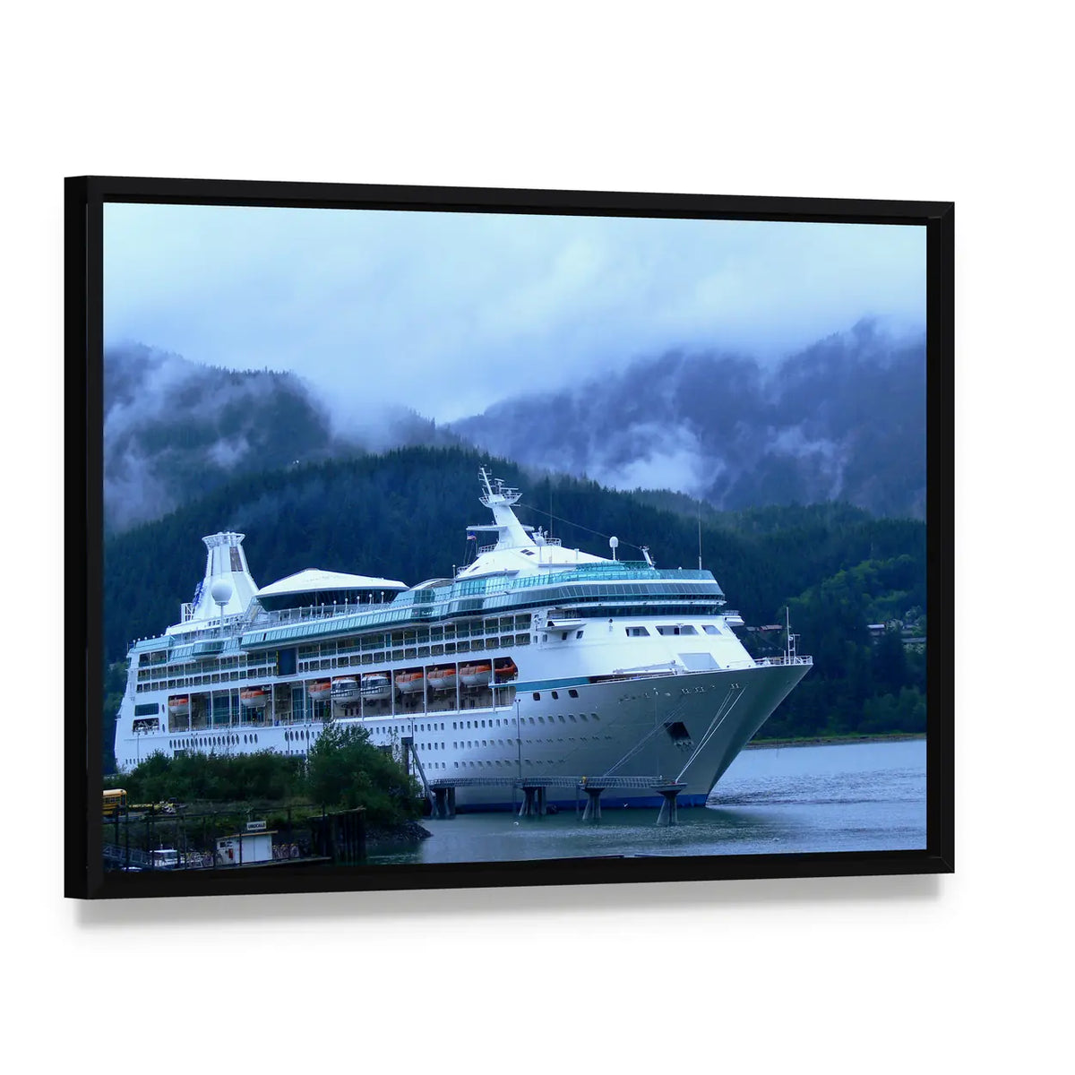 Cruise Ship in Alaska Canvas Wall Art, framed canvas in a black floater frame, angled product view