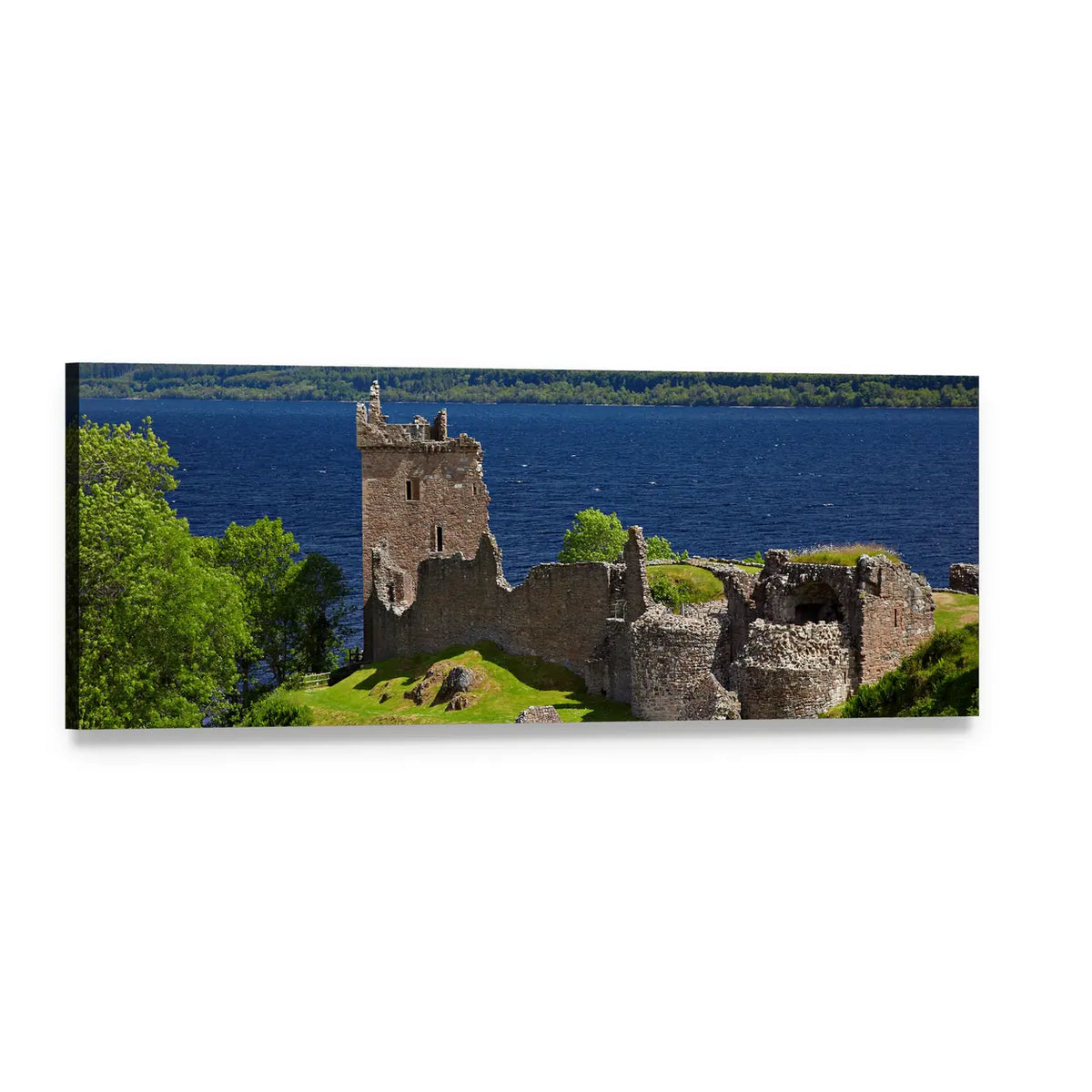 Urquhart Castle Beside Loch Ness Panoramic Canvas Wall Art, single panel gallery wrapped canvas, angled product view