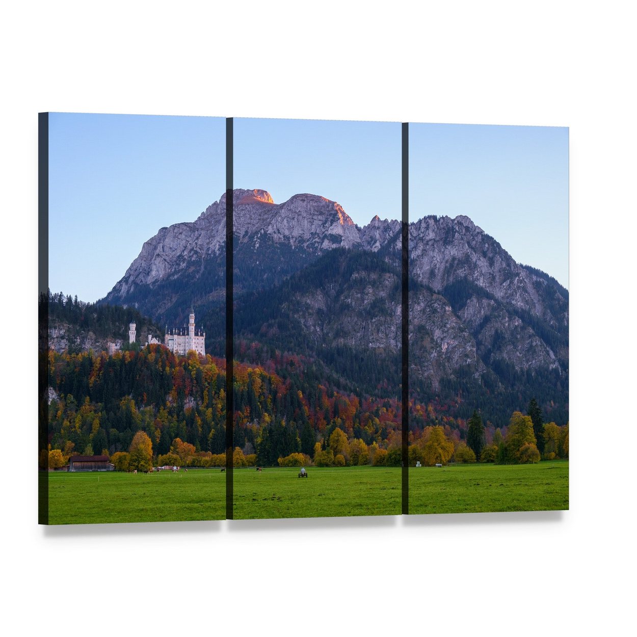 Neuschwanstein Castle in Autumn Light Canvas Wall Art, 3 panel 3 Horizontal layout gallery wrapped canvas set, angled product view